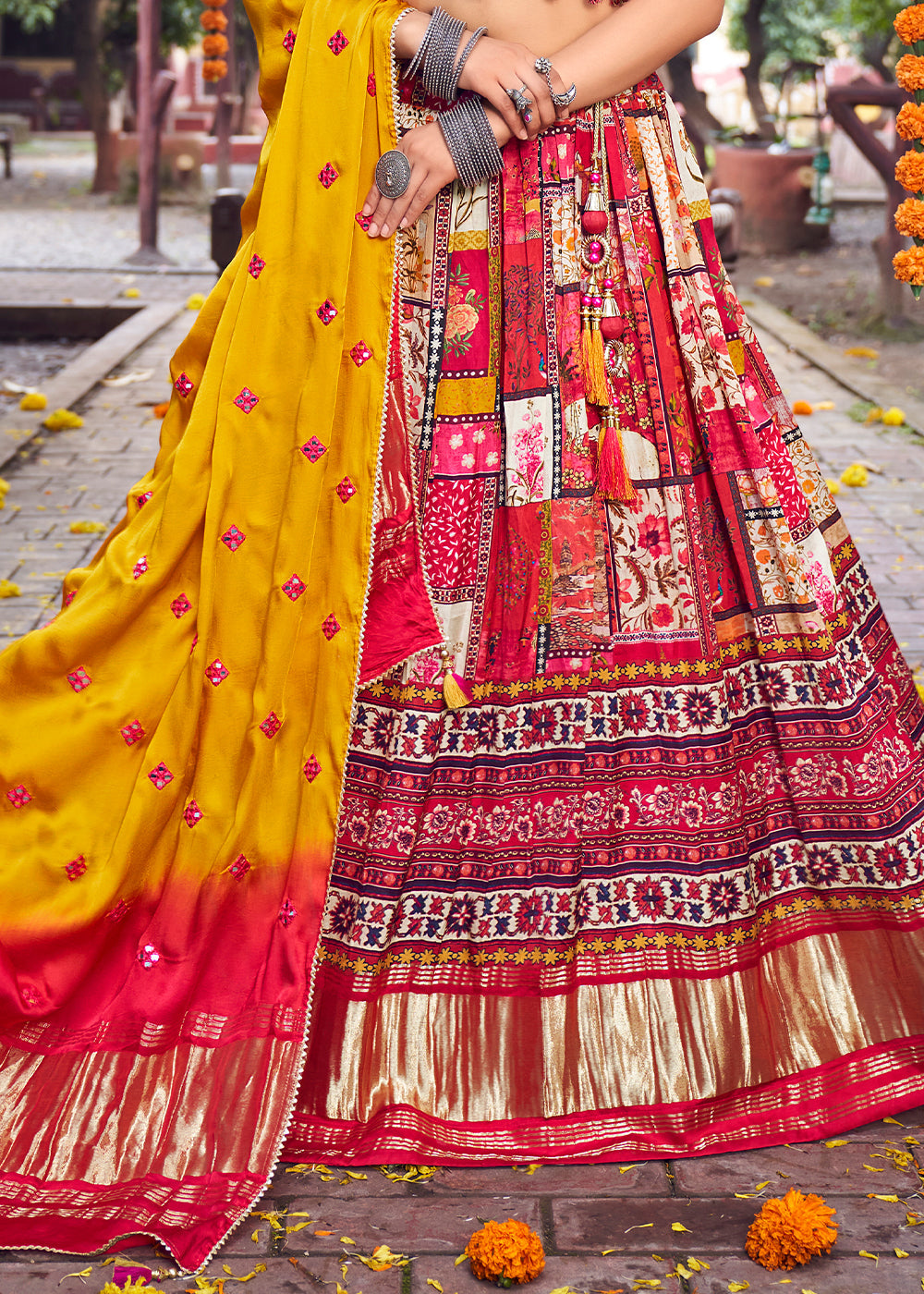 Red & Yellow Ready to Wear Designer Silk Lehenga Choli