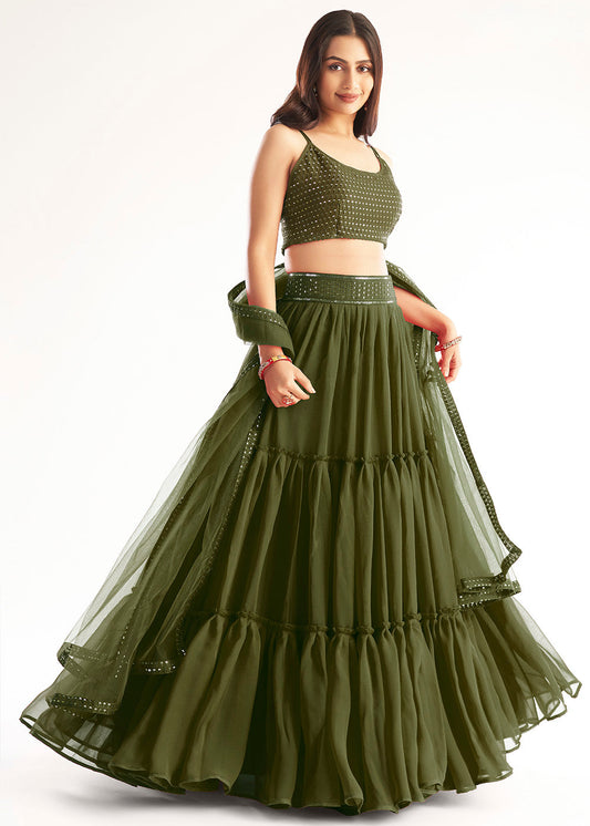 Army Green Ready to Wear Designer Georgette Lehenga Choli