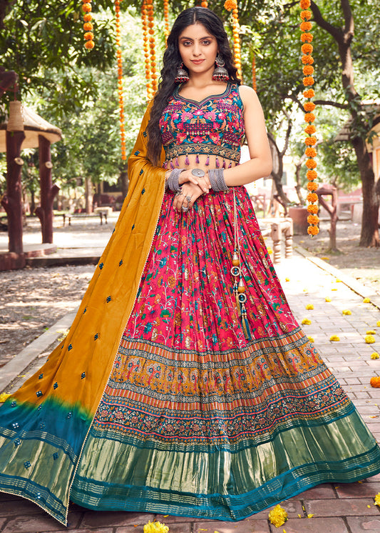 Pink & Blue Ready to Wear Designer Silk Lehenga Choli