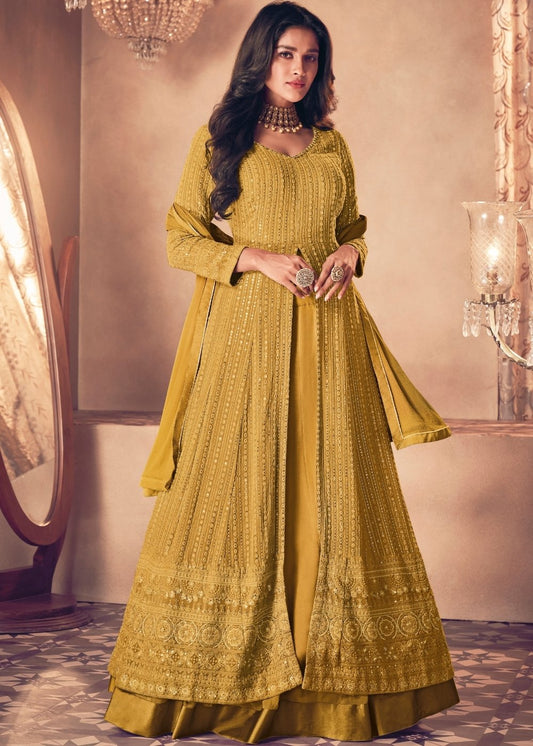 Mustard Yellow Georgette Front Slit Cut lehenga Suit with Embroidery work