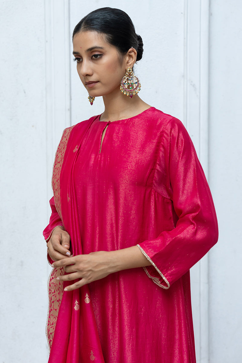 Bright Rose Pink Zari Woven Bemberg Silk Salwar Suit With Zari Woven Monga Silk Jacquard Dupatta