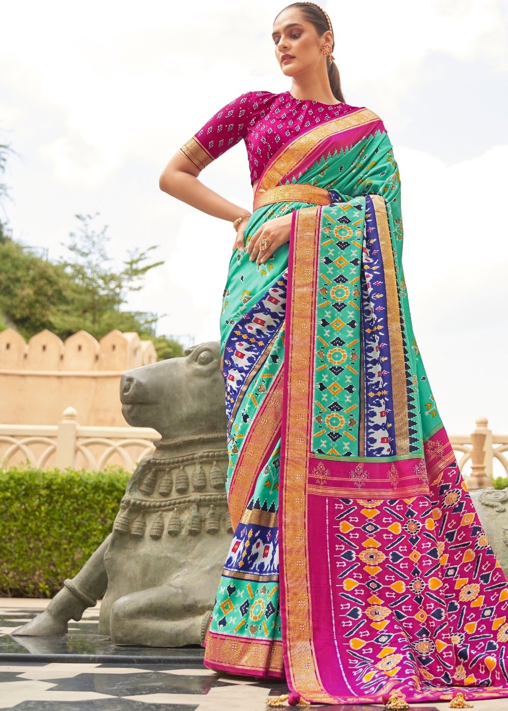 Blue & Pink Patola Silk Saree with Zari Border & Tassels On Pallu