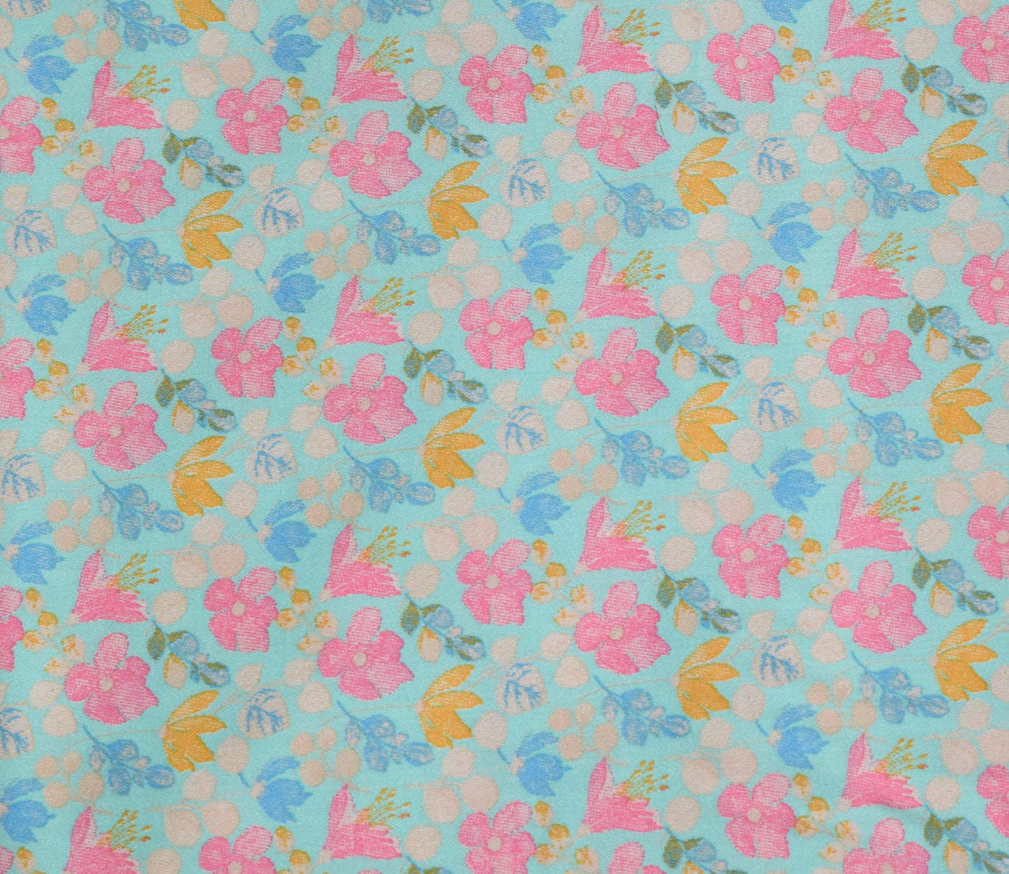 Floral Pattern Screen Printed Cotton Satin Fabric Available in Blue , Yellow, Peach and Grey