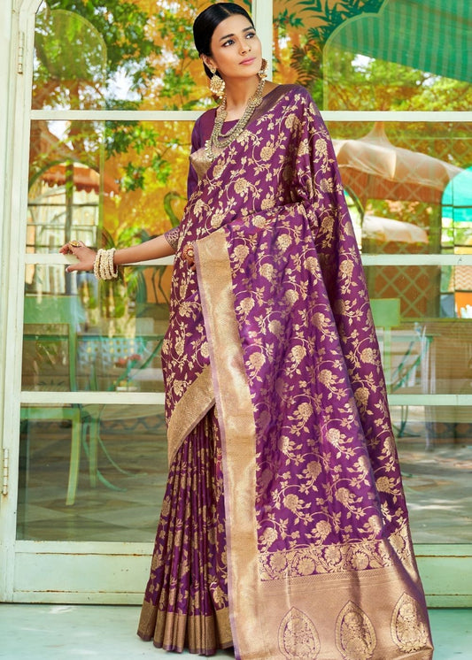 Grape Purple Woven Banarasi Brocade Silk Saree