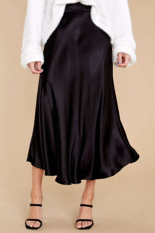 Silky Seduction Black Satin Midi Skirt