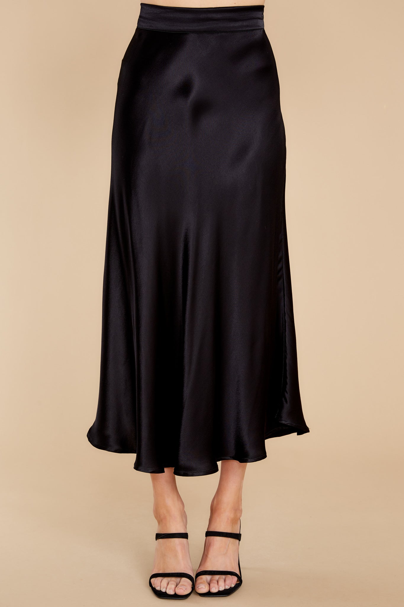 Silky Seduction Black Satin Midi Skirt