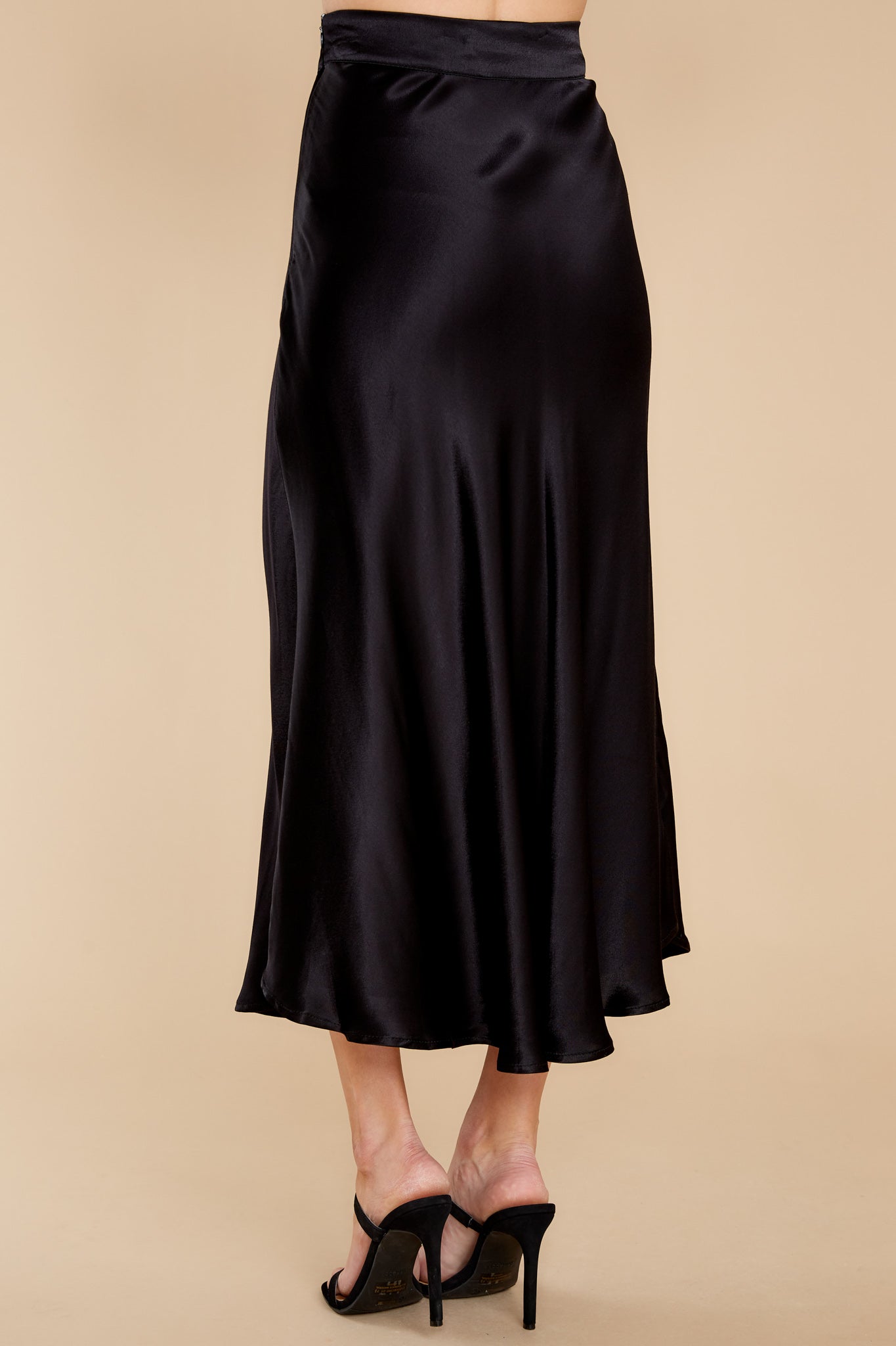 Silky Seduction Black Satin Midi Skirt