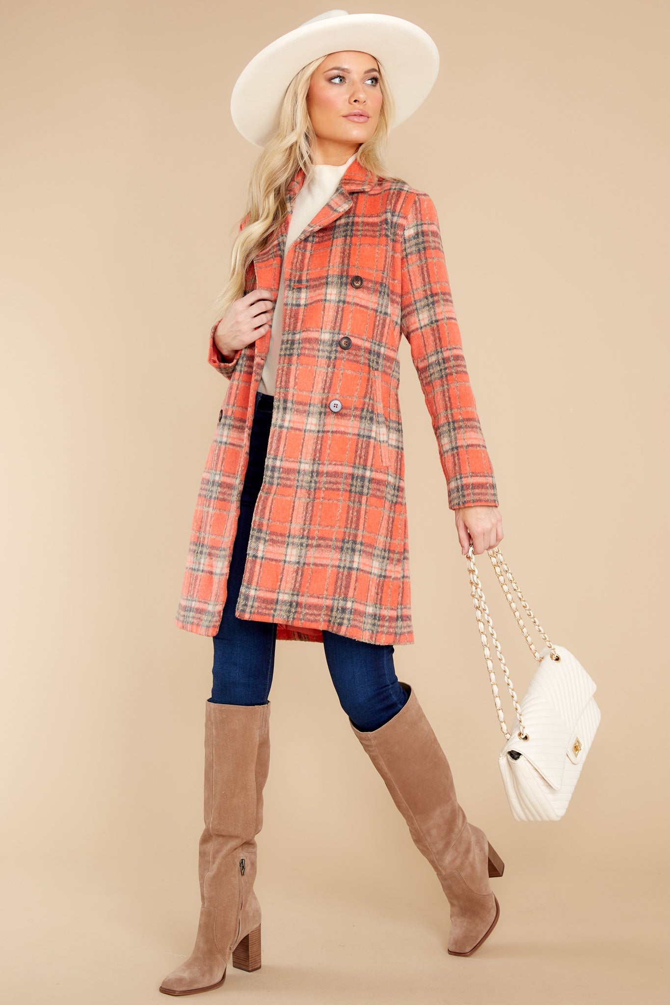 Always A Possibility Coral Orange Plaid Coat