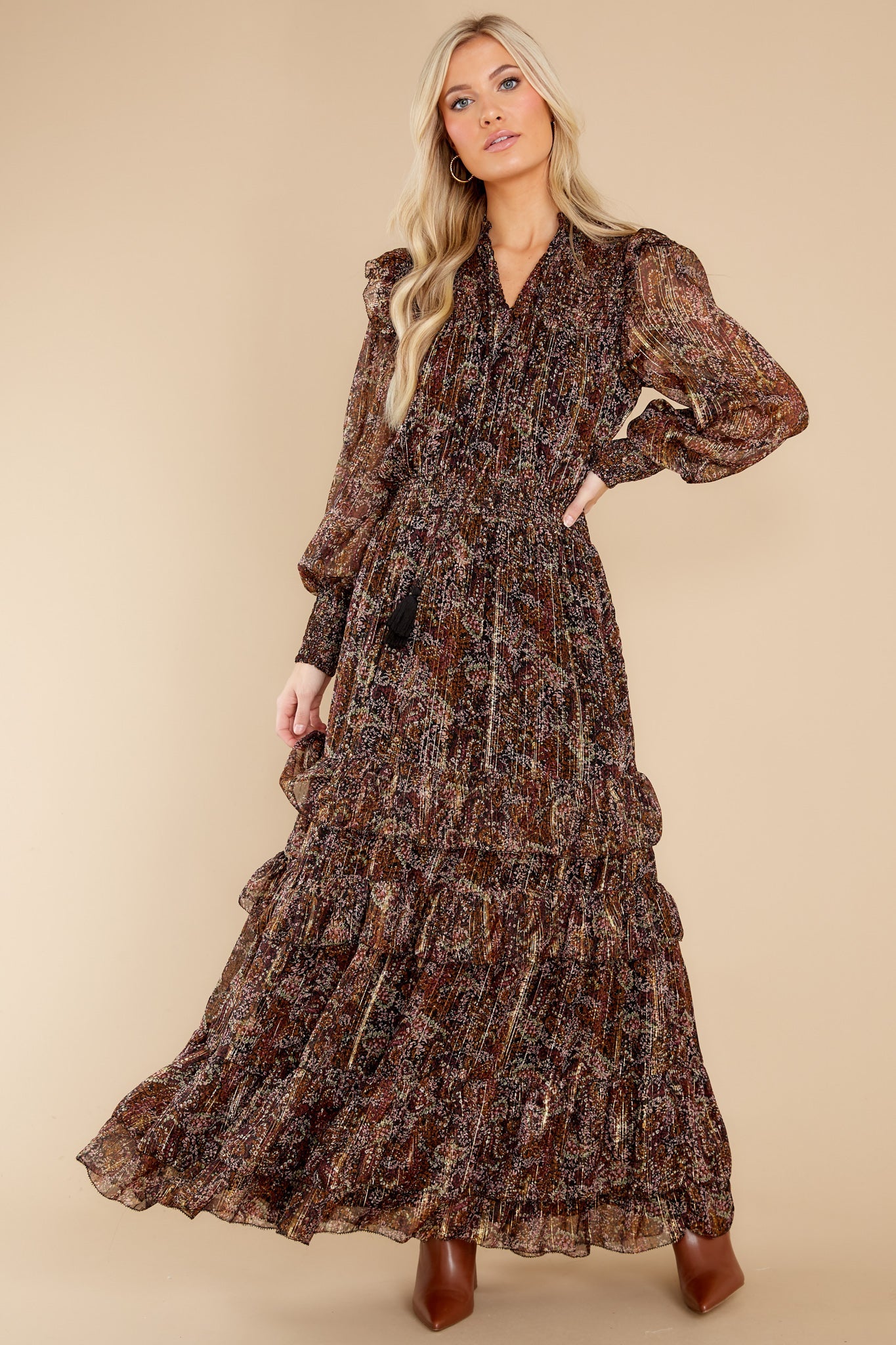 Smocked Metallic Floral Long Sleeve Ruffle Dress