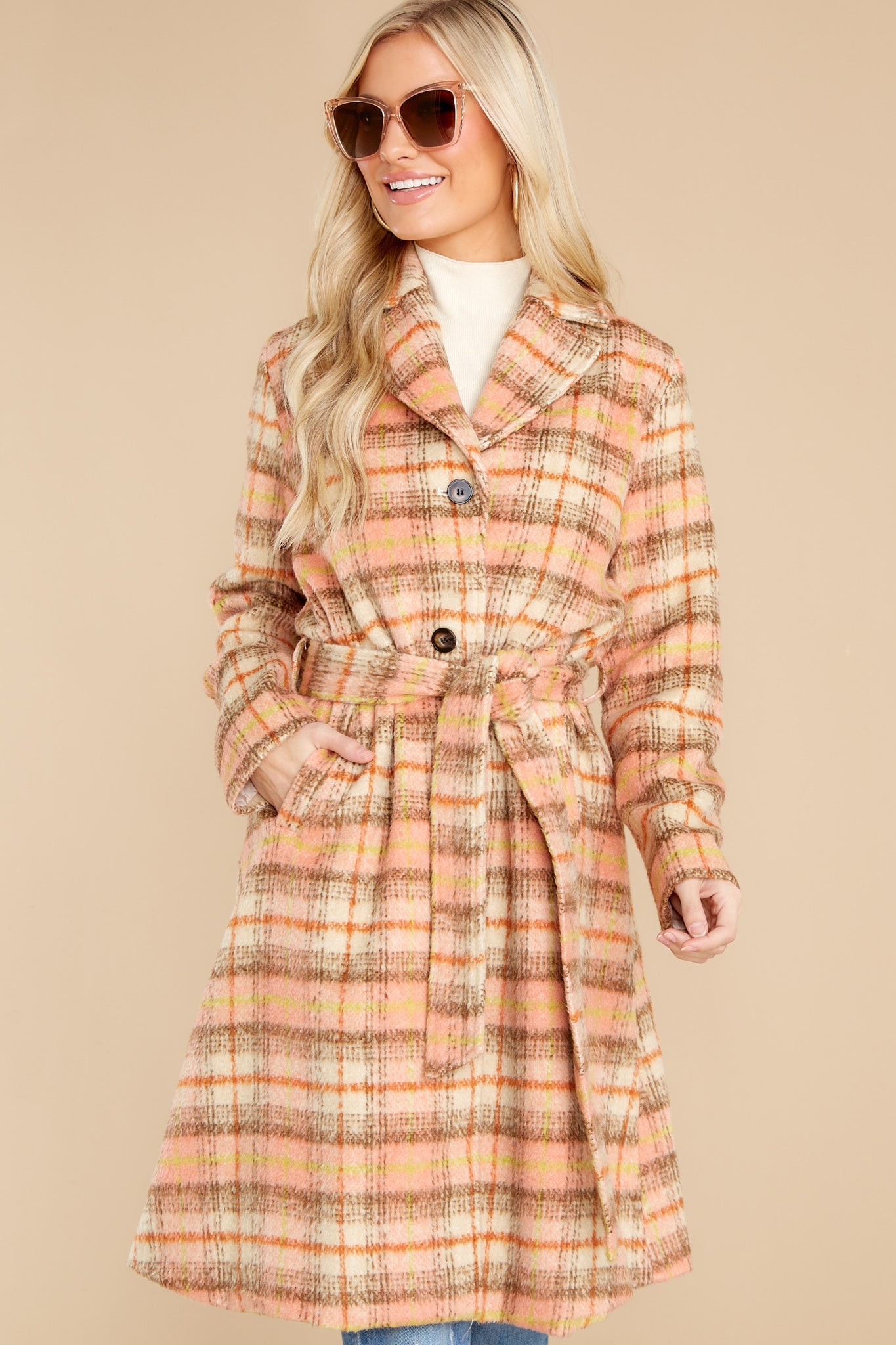 Brisk Strolls Apricot Plaid Coat