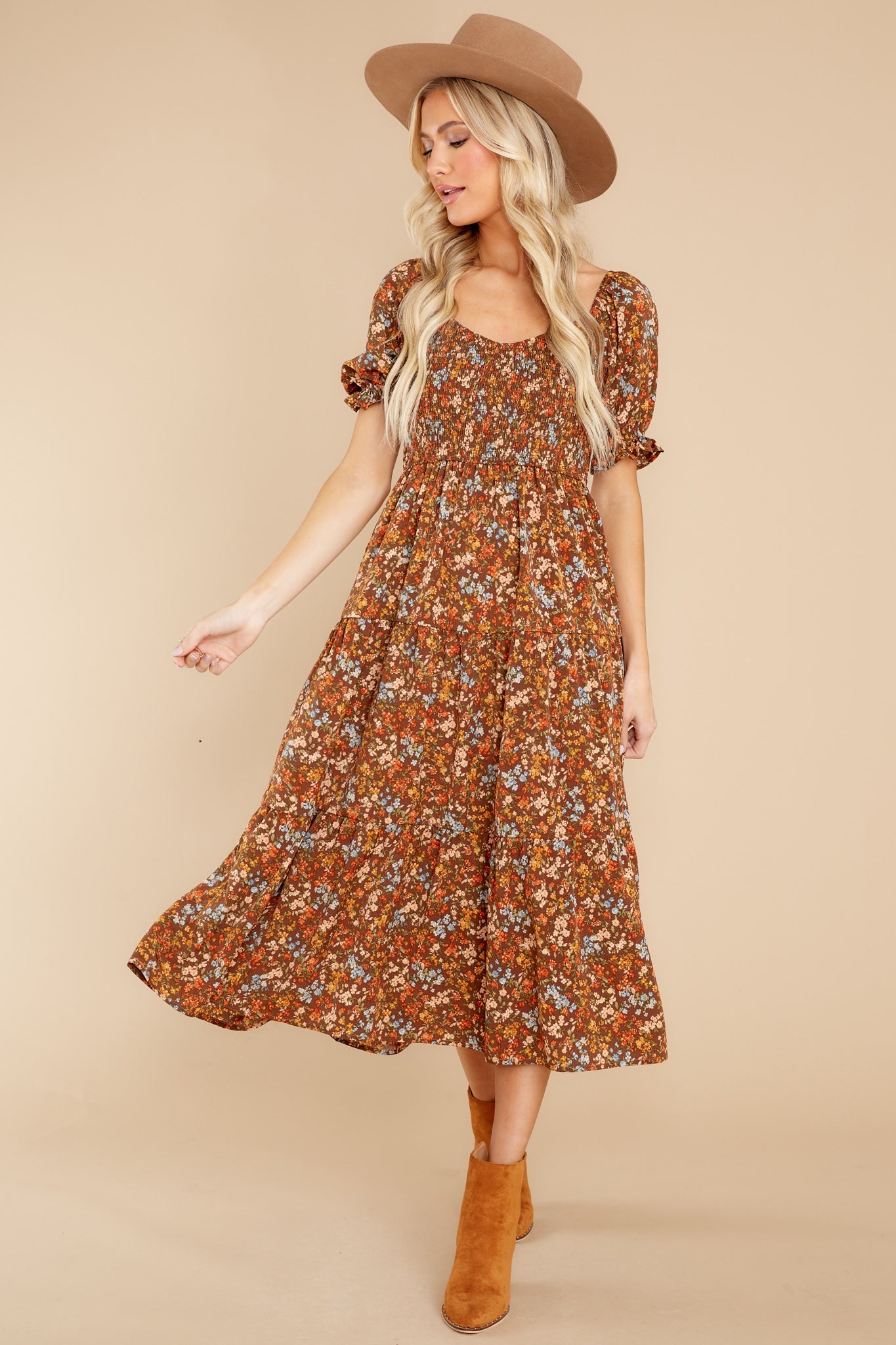 Easy To Love Brown Floral Midi Dress