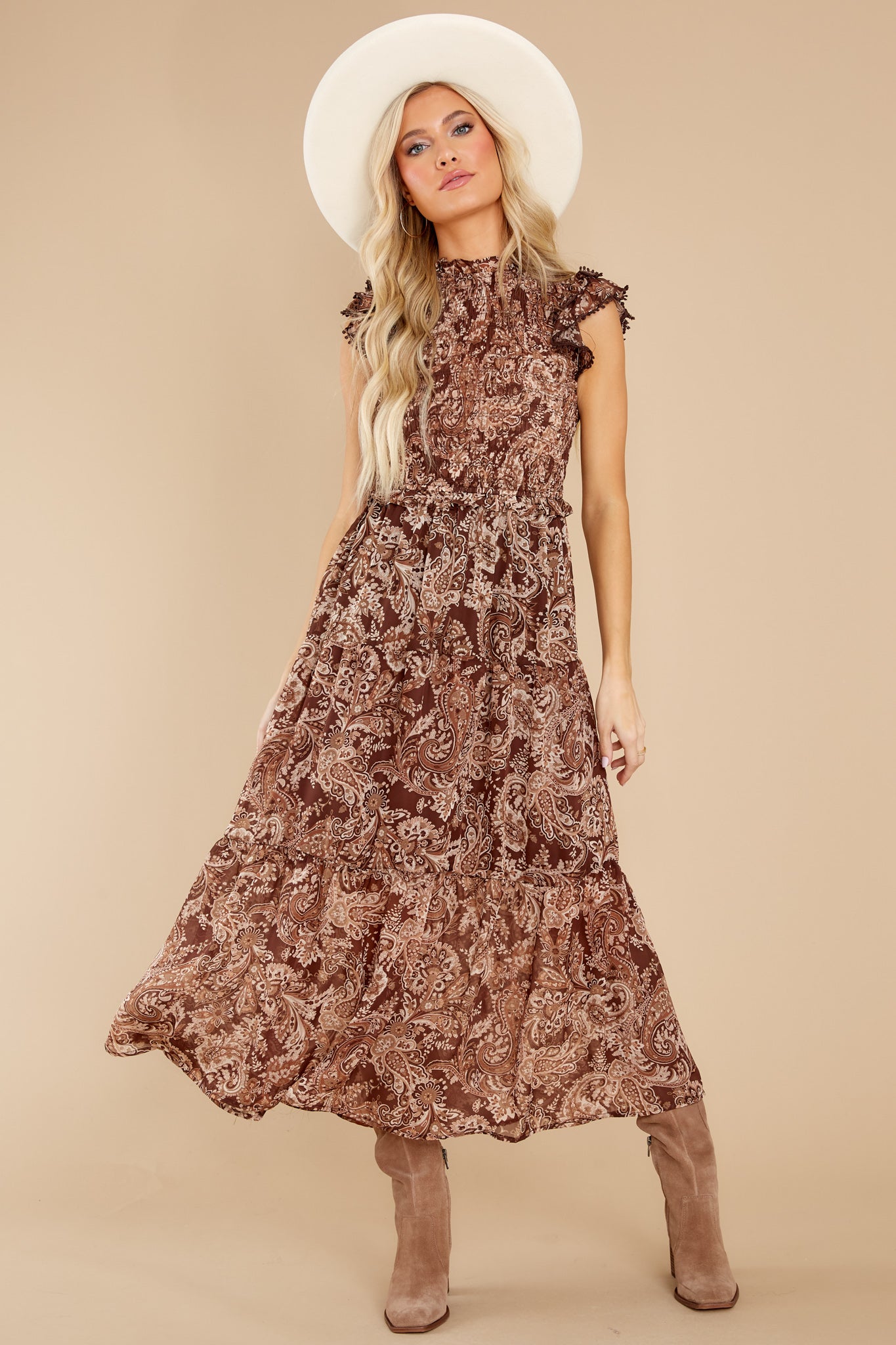 Beautiful Frills Copper Brown Print Midi Dress