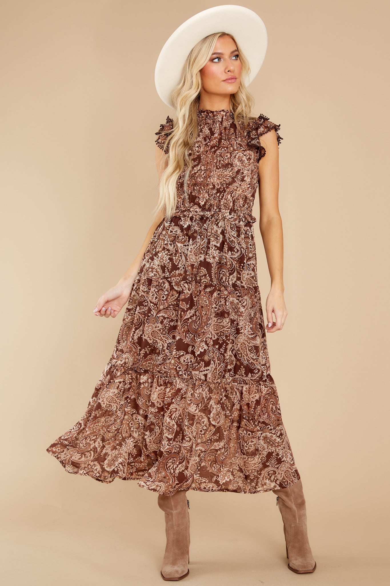 Beautiful Frills Copper Brown Print Midi Dress