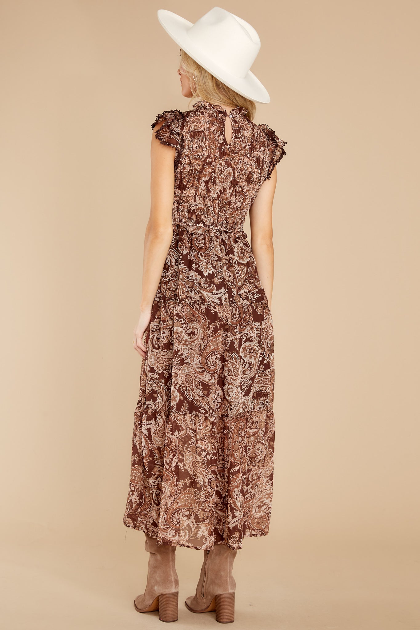 Beautiful Frills Copper Brown Print Midi Dress