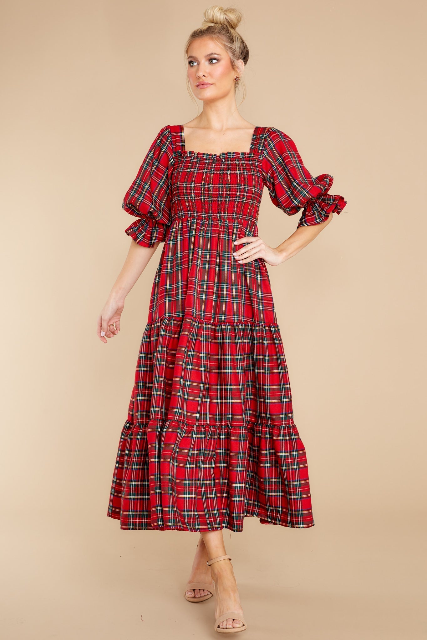 A Silent Wish Red Multi Plaid Maxi Dress