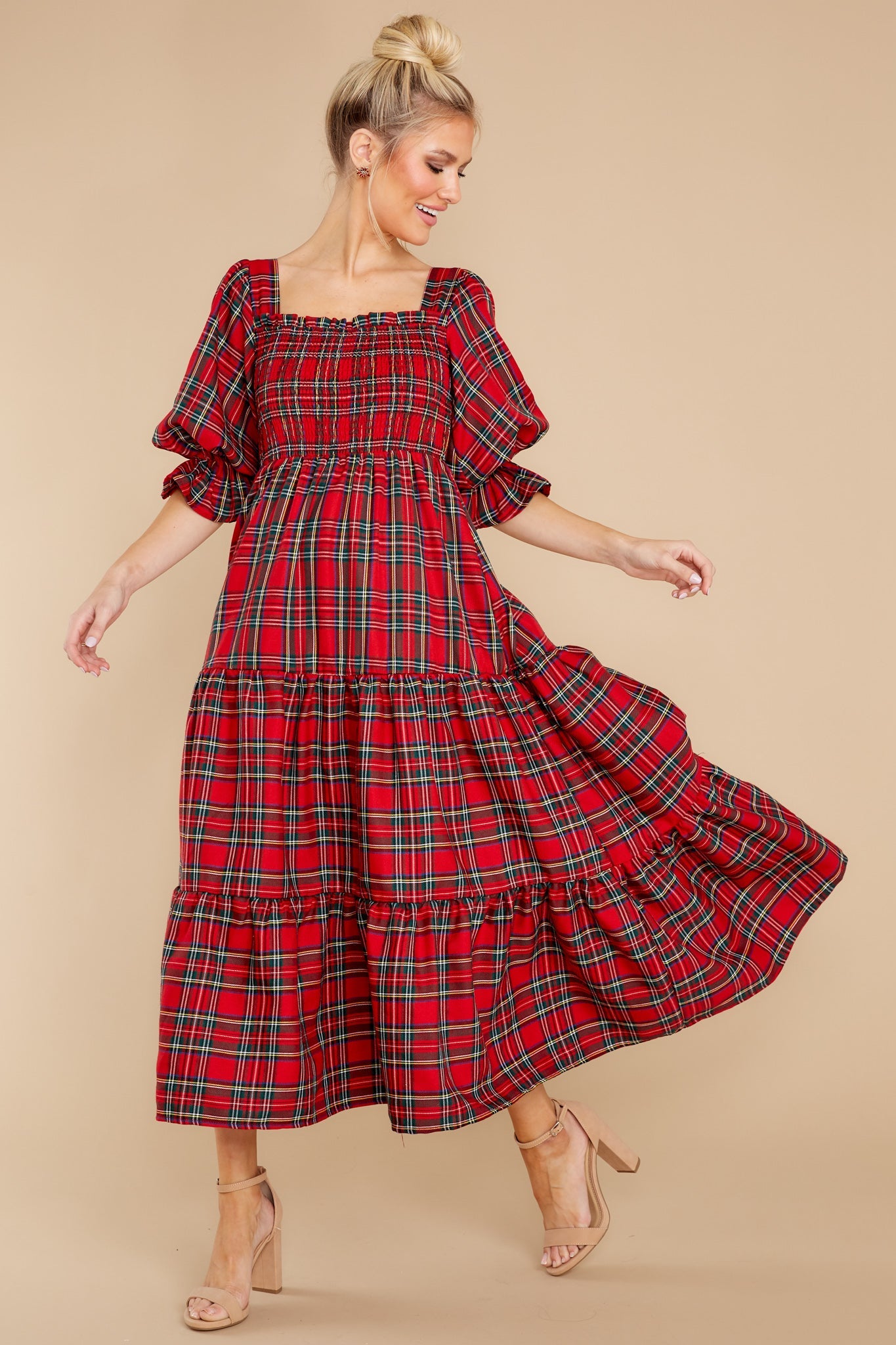 A Silent Wish Red Multi Plaid Maxi Dress