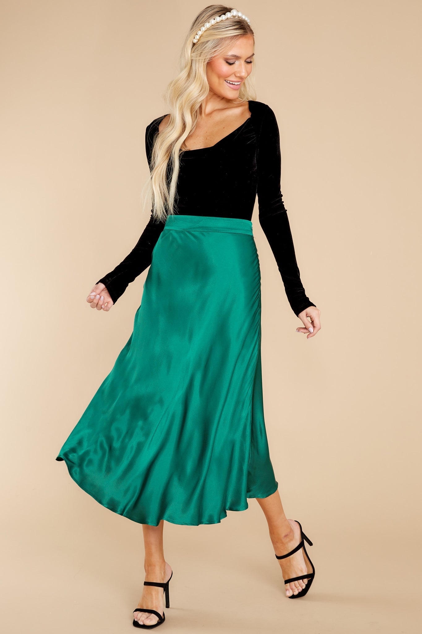 Silky Seduction Emerald Satin Midi Skirt