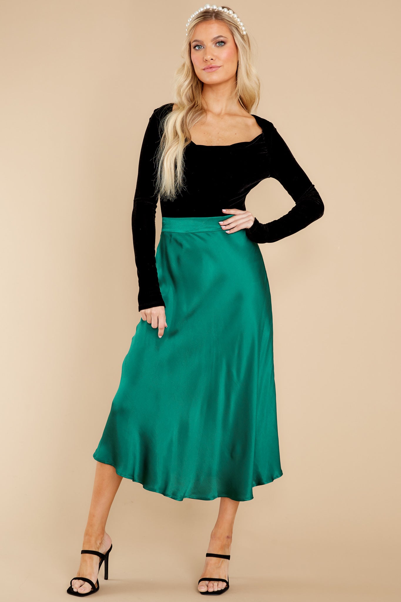 Silky Seduction Emerald Satin Midi Skirt