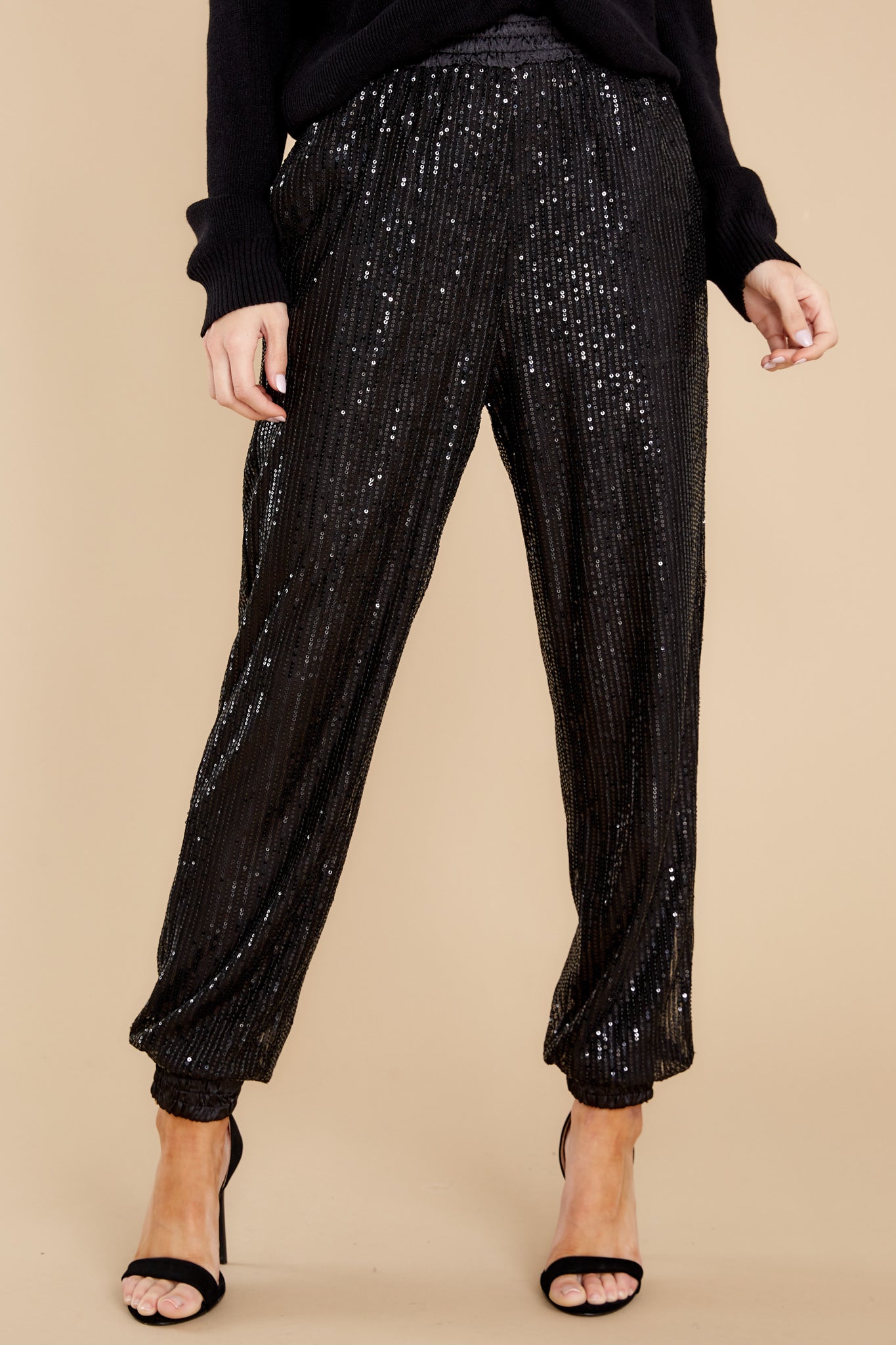 Sparkle With Me Black Satin Trim Sequin Joggers