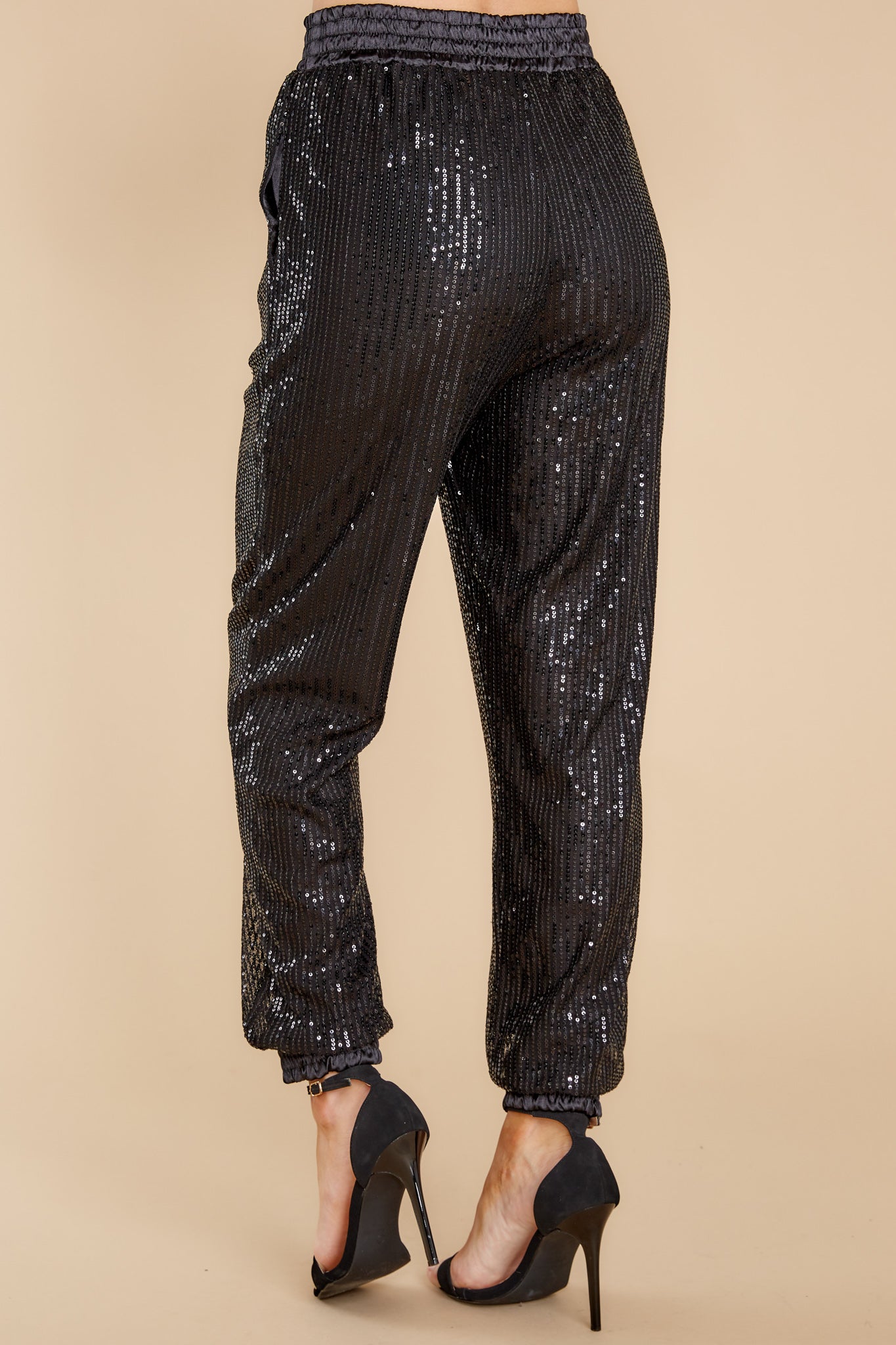 Sparkle With Me Black Satin Trim Sequin Joggers