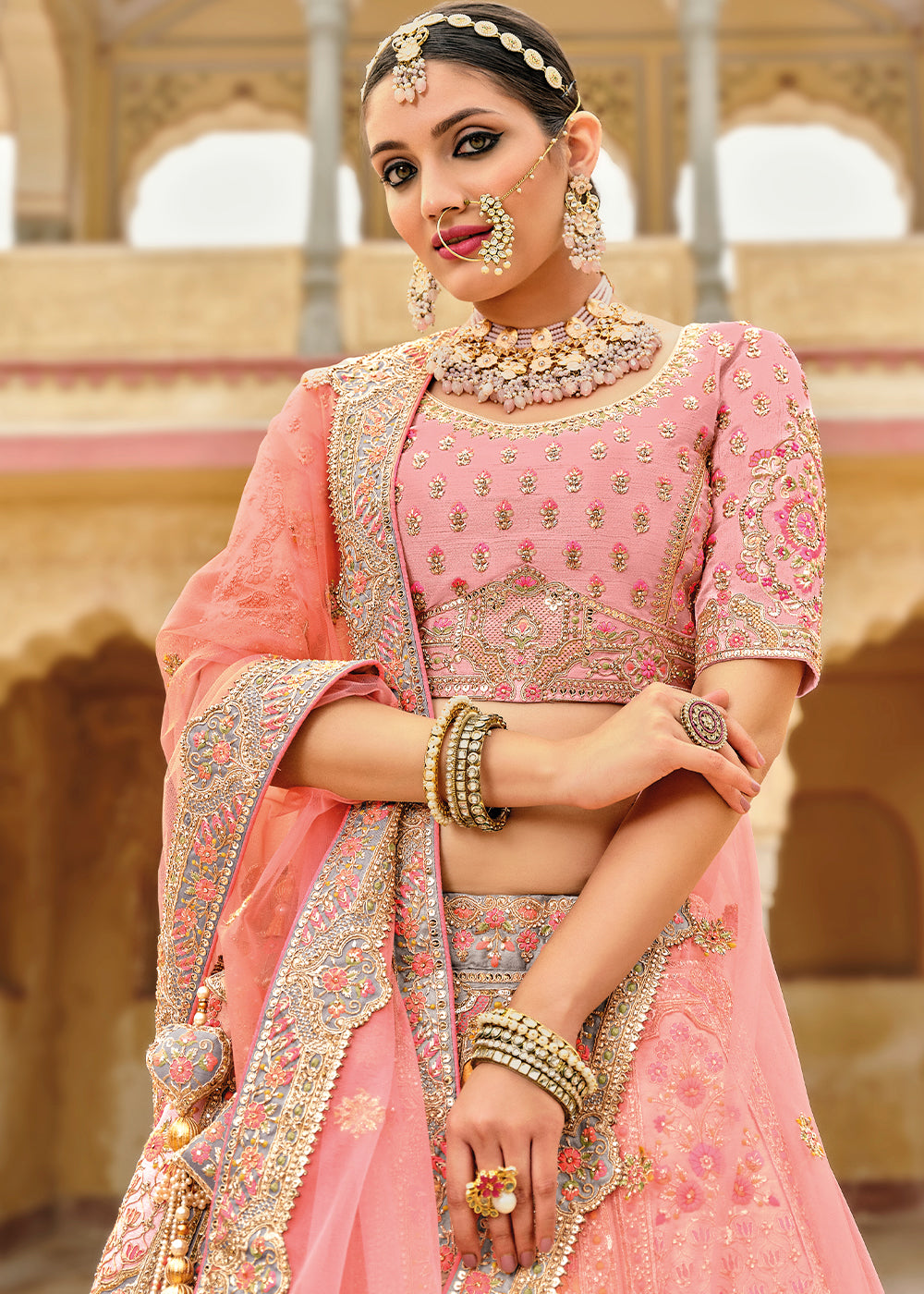 Pink & Grey Banarasi Silk Lehenga Choli with Heavy Embroidery Work