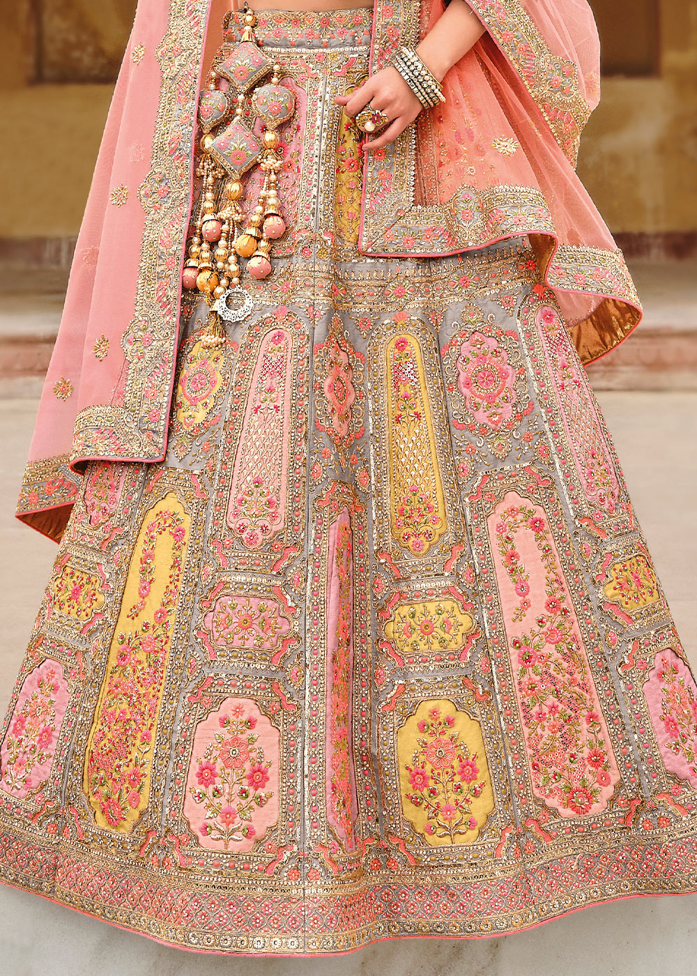 Pink & Grey Banarasi Silk Lehenga Choli with Heavy Embroidery Work