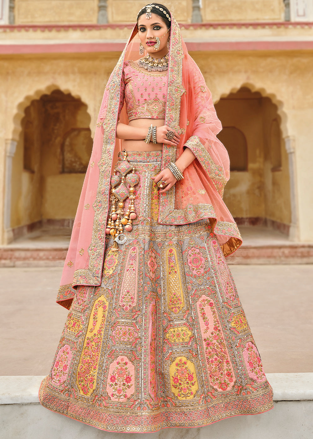 Pink & Grey Banarasi Silk Lehenga Choli with Heavy Embroidery Work