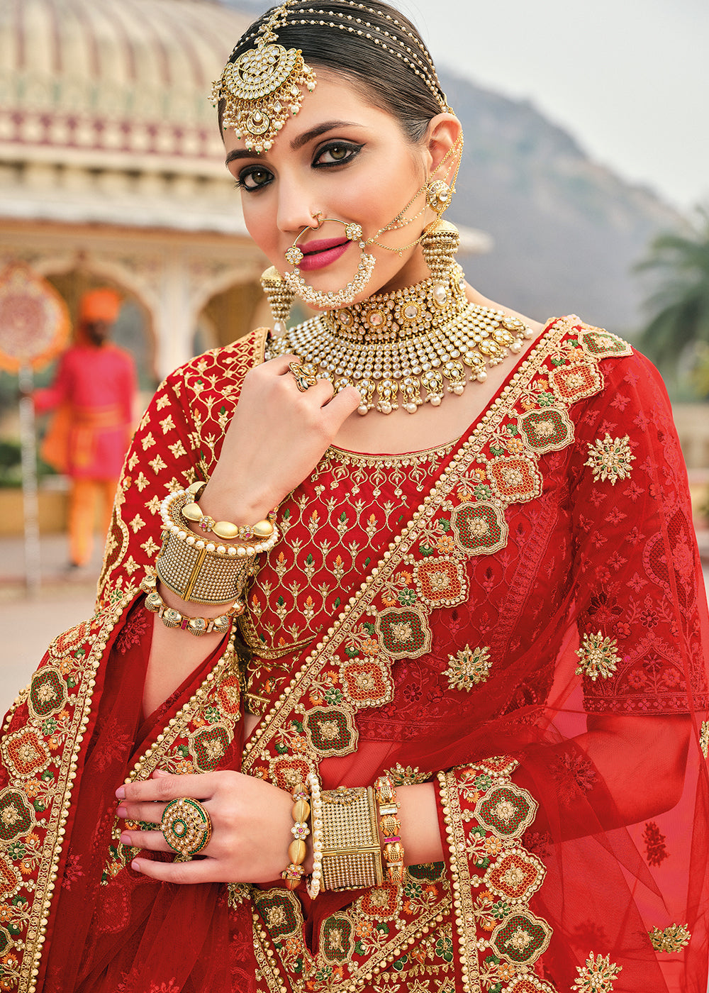 Crimson Red Banarasi Silk Lehenga Choli with Heavy Embroidery Work