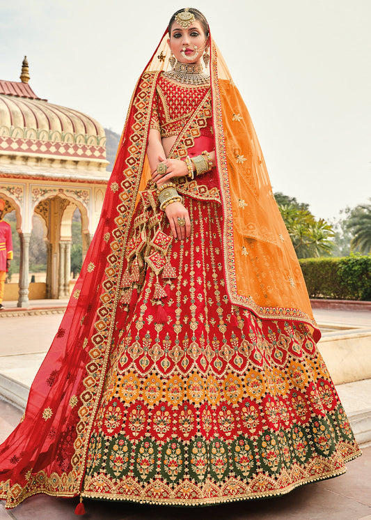 Crimson Red Banarasi Silk Lehenga Choli with Heavy Embroidery Work