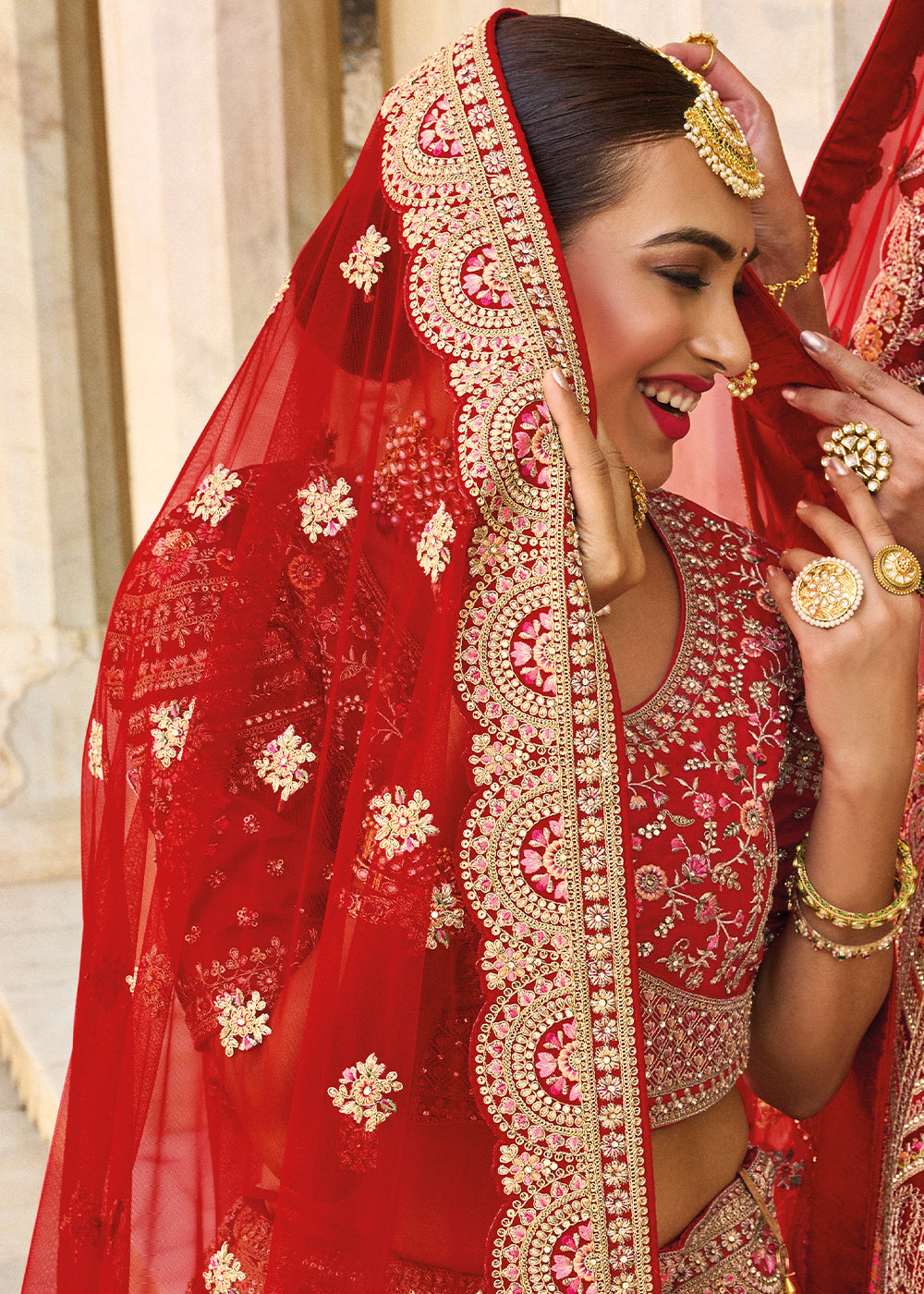 Crimson Red Velvet Lehenga Choli with Heavy Embroidery Work