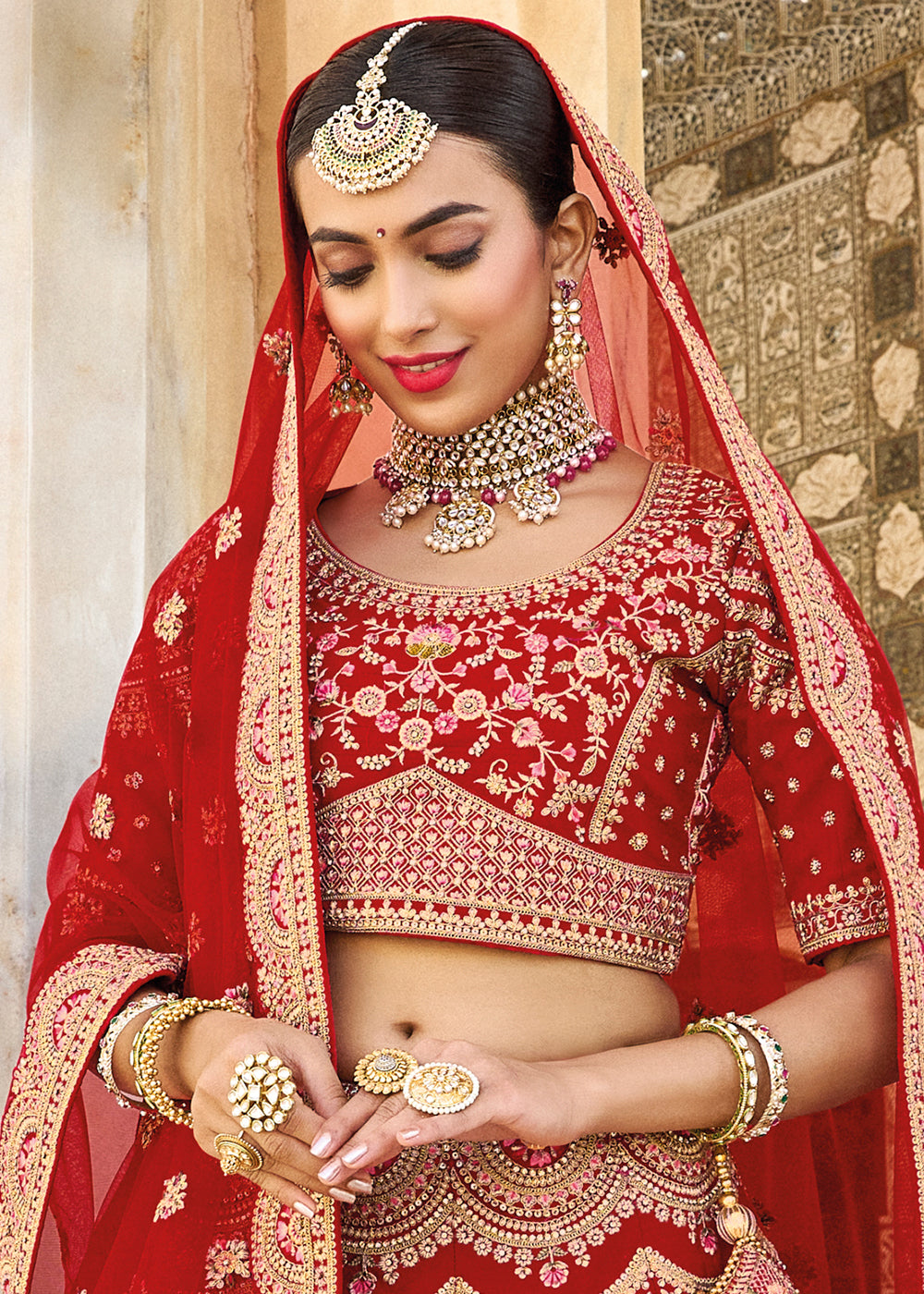 Crimson Red Velvet Lehenga Choli with Heavy Embroidery Work