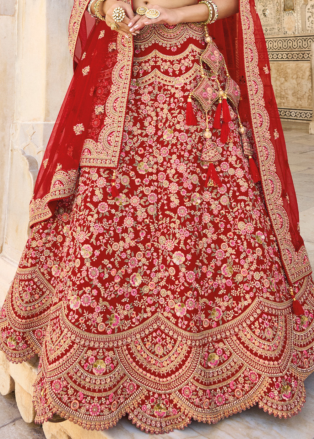 Crimson Red Velvet Lehenga Choli with Heavy Embroidery Work