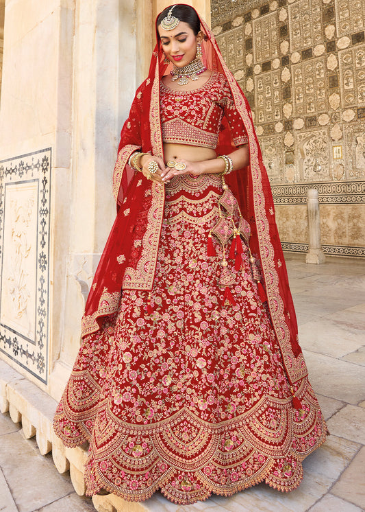 Crimson Red Velvet Lehenga Choli with Heavy Embroidery Work