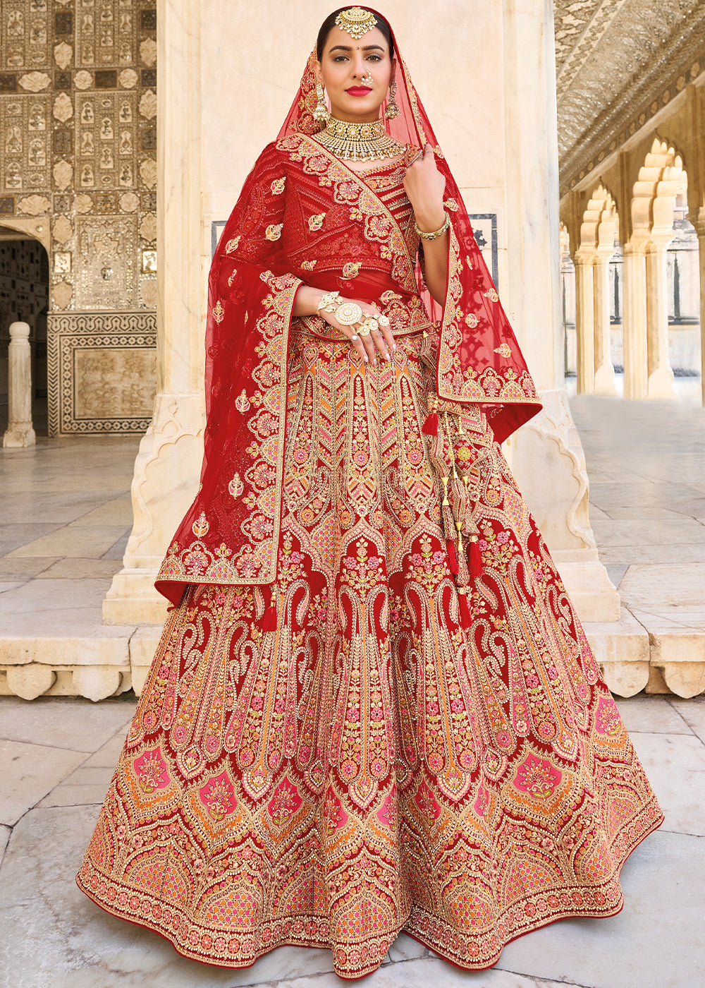 Ruby Red Velvet Lehenga Choli with Heavy Embroidery Work