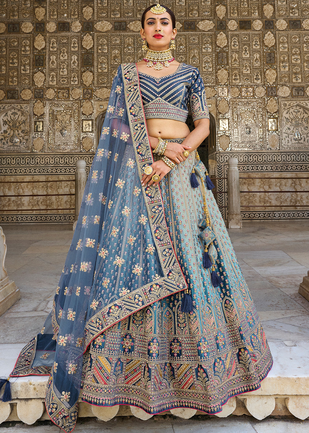 Shades Of Blue Velvet Lehenga Choli with Heavy Embroidery Work