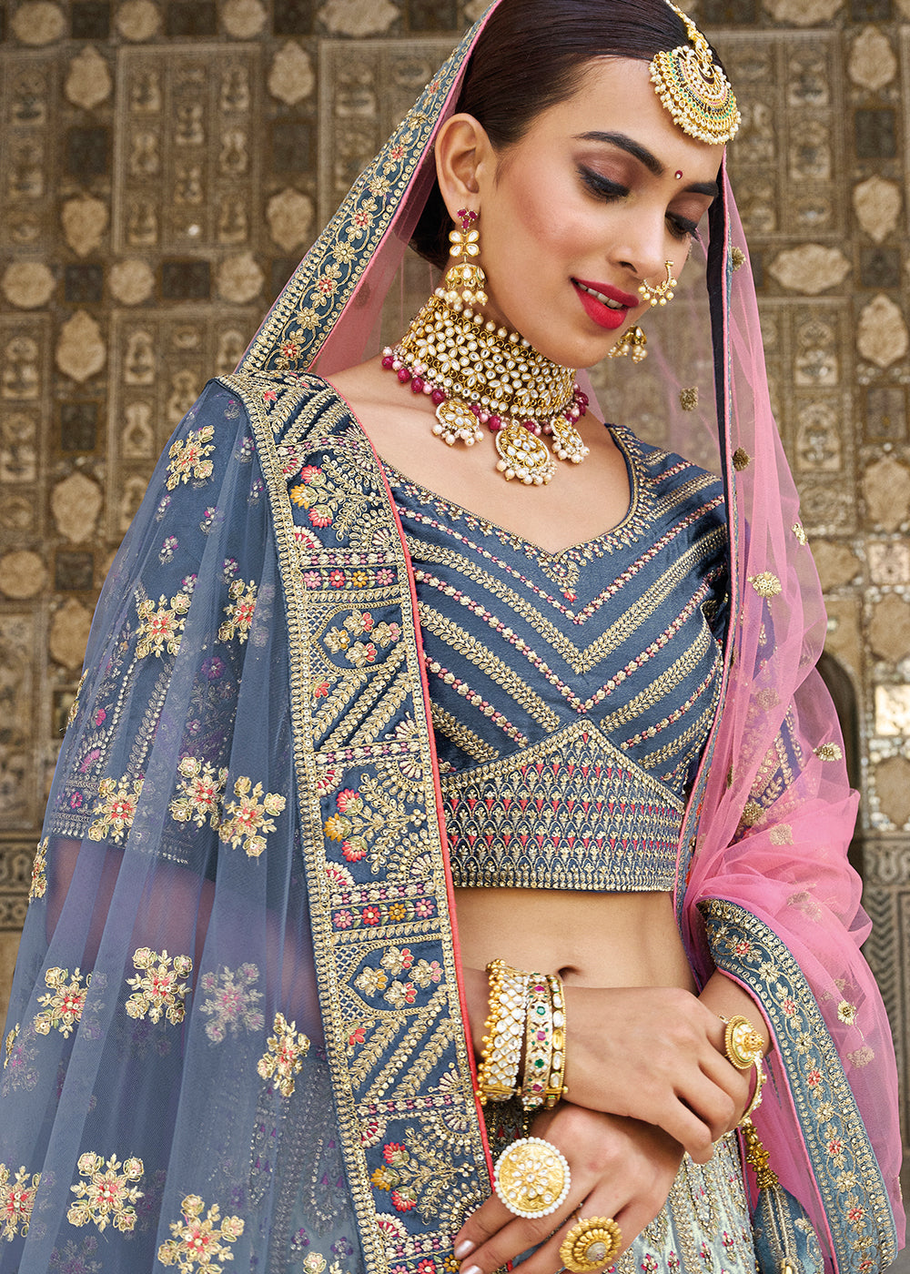 Shades Of Blue Velvet Lehenga Choli with Heavy Embroidery Work