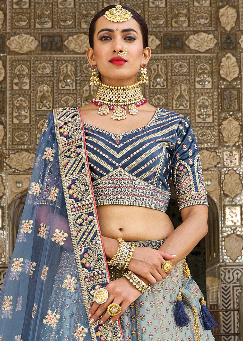 Shades Of Blue Velvet Lehenga Choli with Heavy Embroidery Work