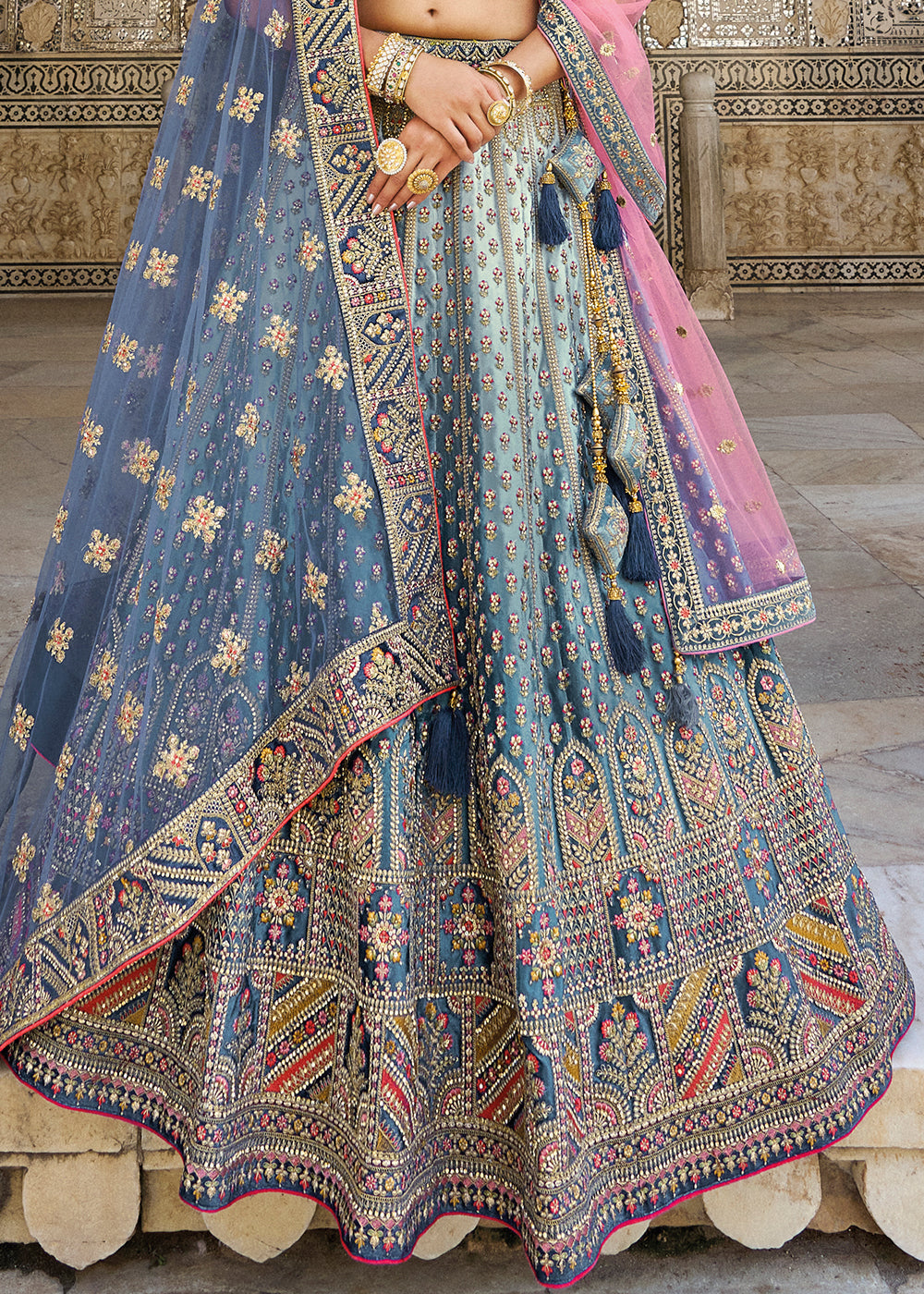 Shades Of Blue Velvet Lehenga Choli with Heavy Embroidery Work