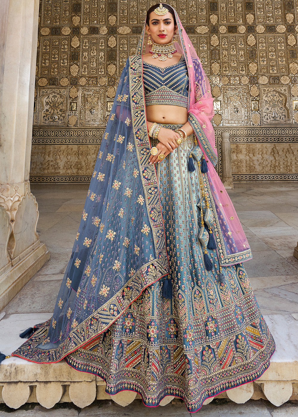 Shades Of Blue Velvet Lehenga Choli with Heavy Embroidery Work