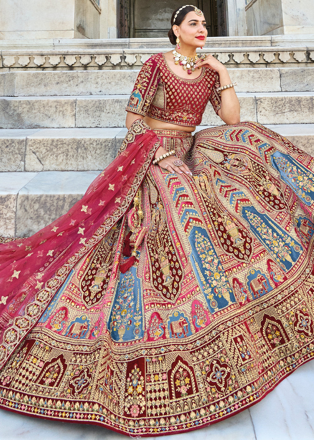 Maroon Red Velvet Lehenga Choli with Heavy Embroidery Work