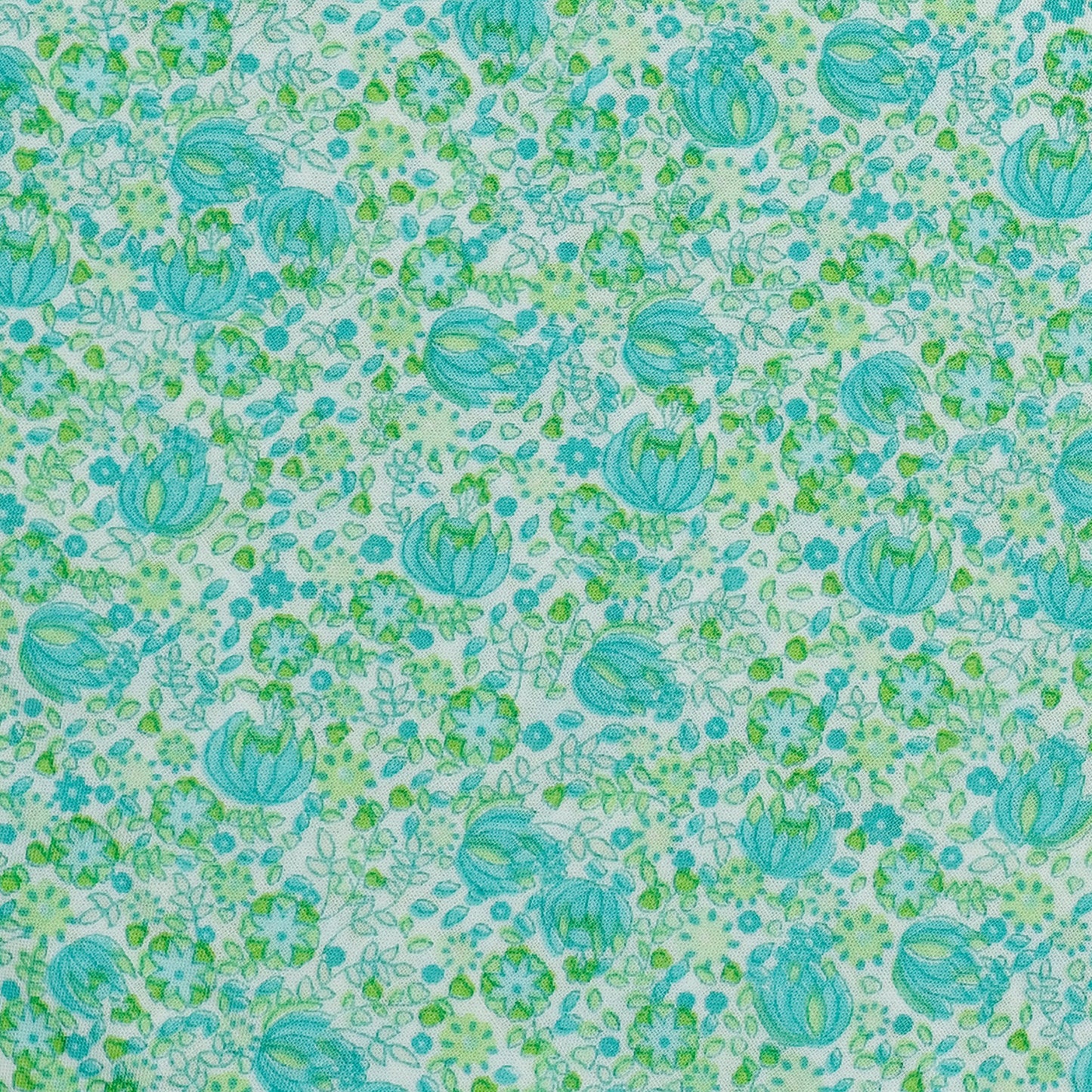 Teal Blue Floral Screen Printed Cotton Fabric