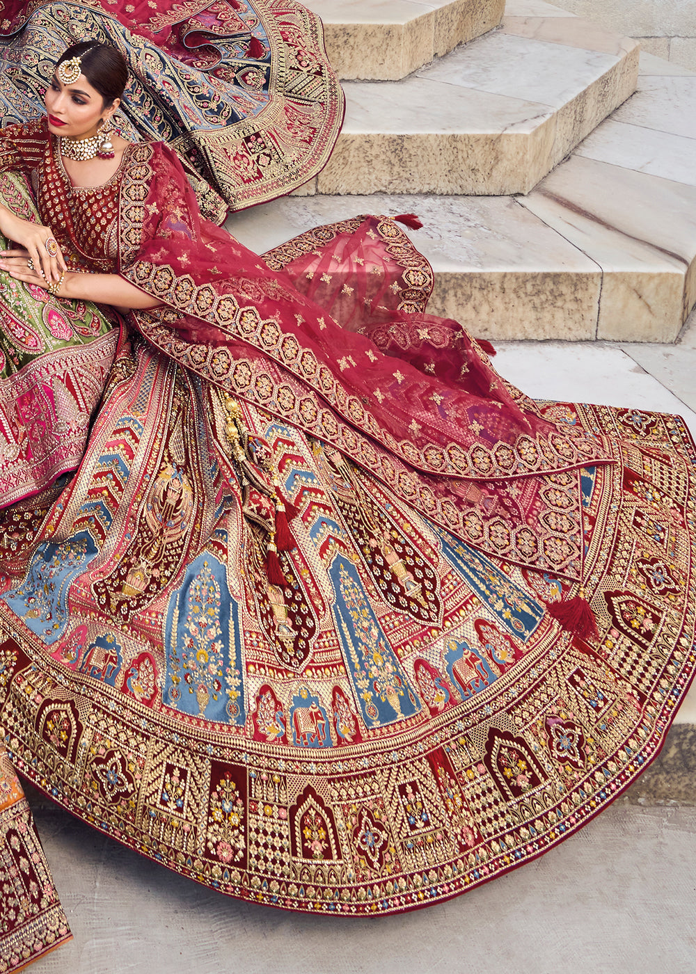 Maroon Red Velvet Lehenga Choli with Heavy Embroidery Work