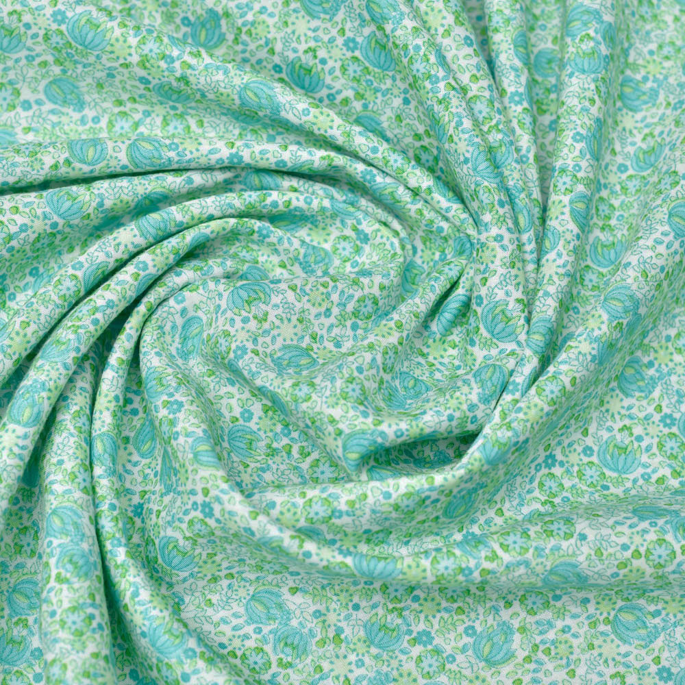 Teal Blue Floral Screen Printed Cotton Fabric