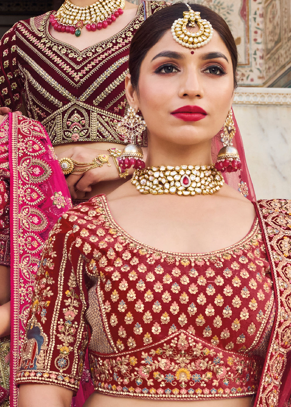 Maroon Red Velvet Lehenga Choli with Heavy Embroidery Work