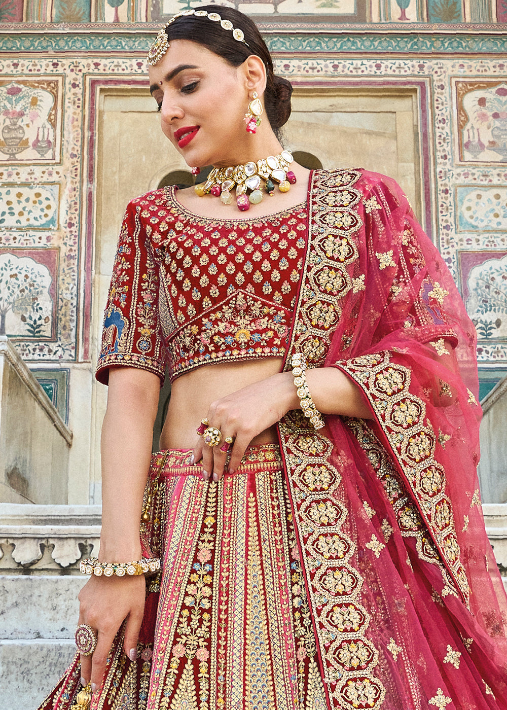 Maroon Red Velvet Lehenga Choli with Heavy Embroidery Work