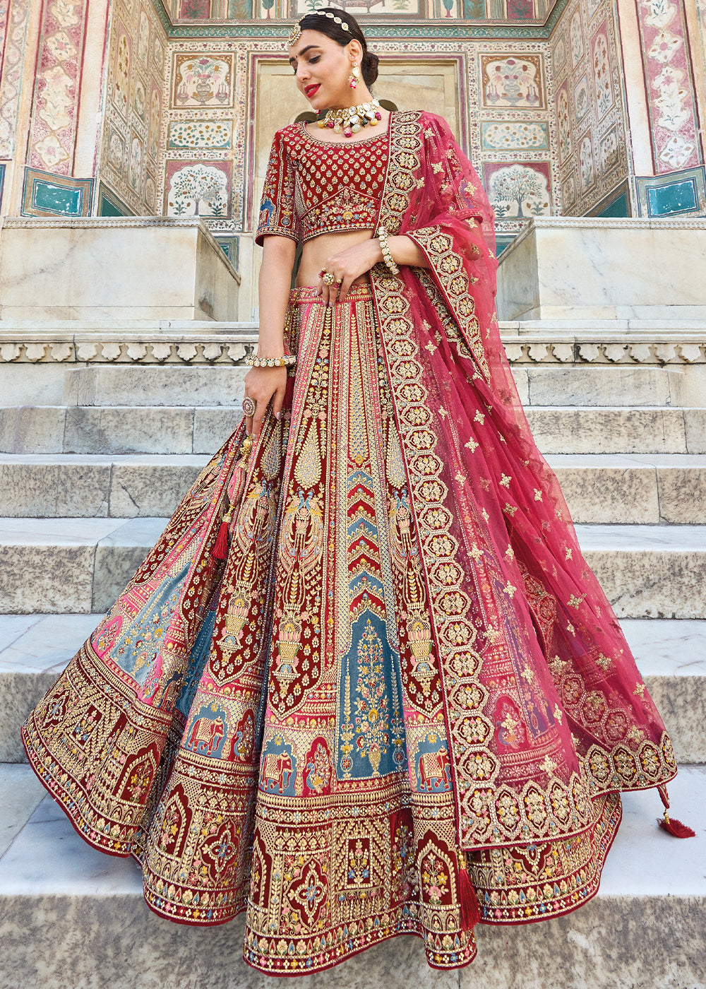 Maroon Red Velvet Lehenga Choli with Heavy Embroidery Work