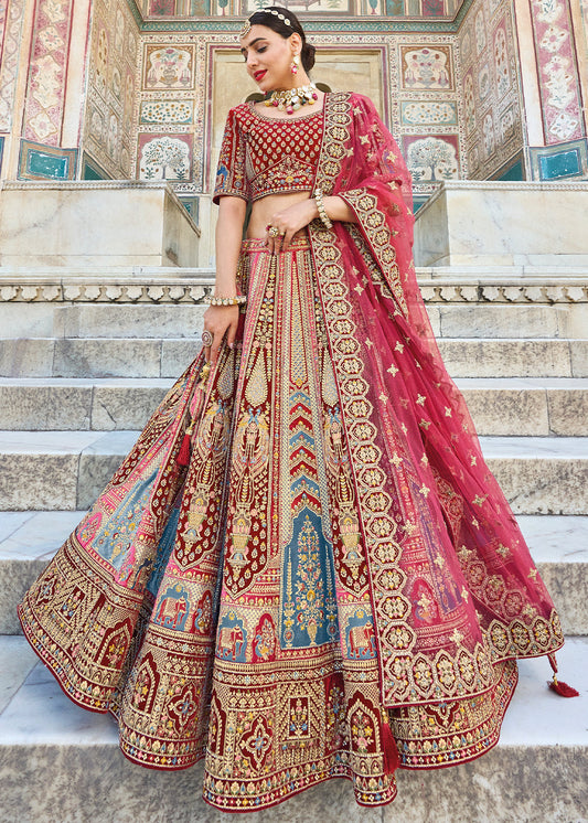 Maroon Red Velvet Lehenga Choli with Heavy Embroidery Work