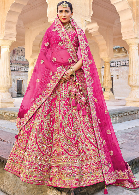 Hot Pink Banarasi Silk Lehenga Choli with Heavy Embroidery Work