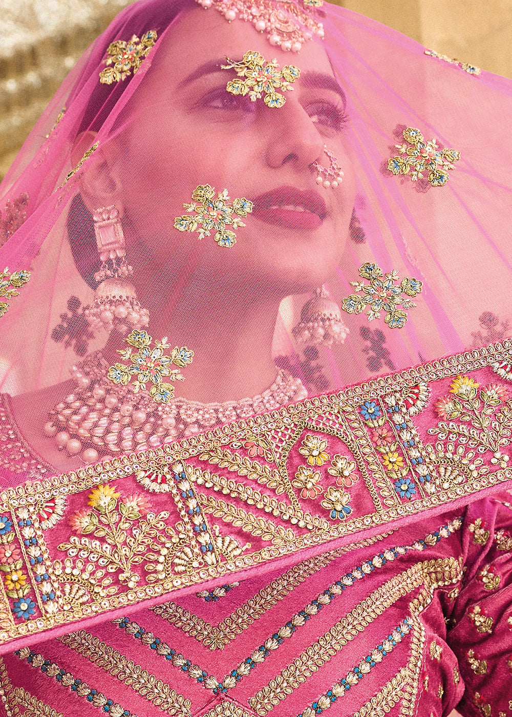 Shades Of Pink Velvet Lehenga Choli with Heavy Embroidery Work