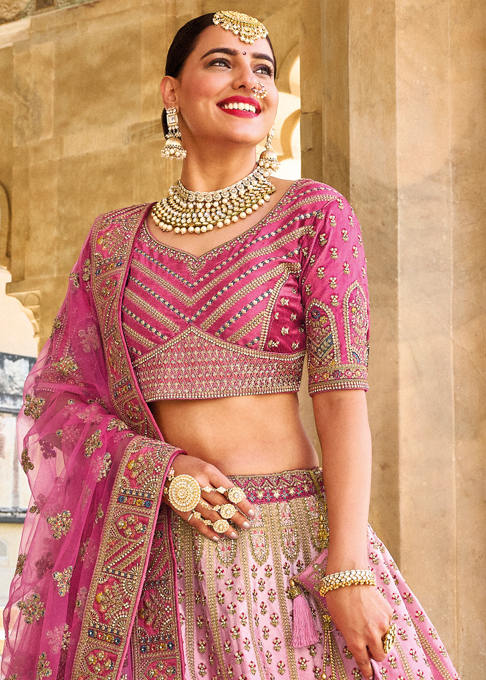 Shades Of Pink Velvet Lehenga Choli with Heavy Embroidery Work